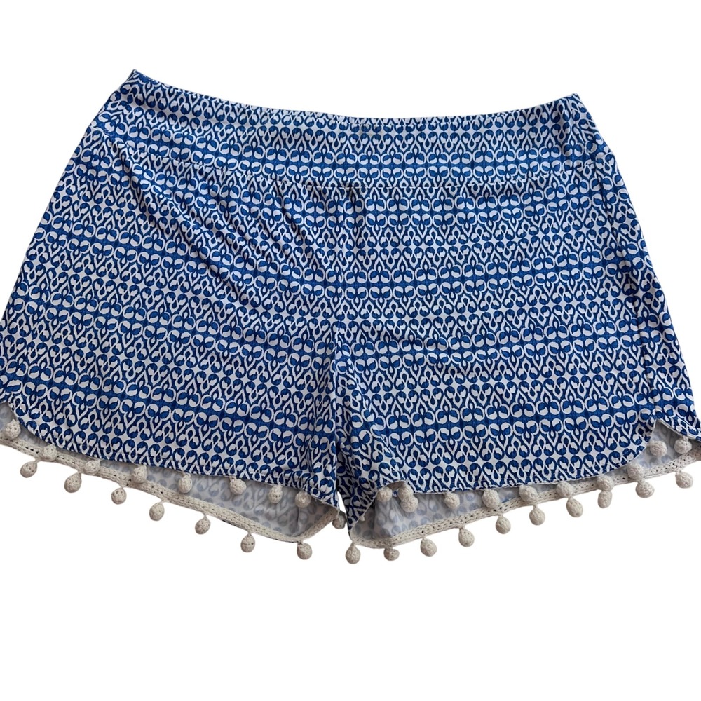 J.McLaughlin Blue White Geometric Pom Pom Trim Shorts Large Nautical Beach Swim